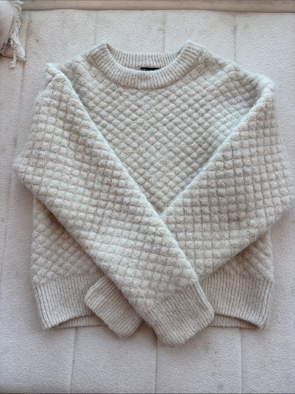 Cozy Cream Quilted-Texture Crewneck Sweater